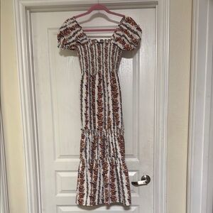 Brown and White Tiered Smocked Midi Dress